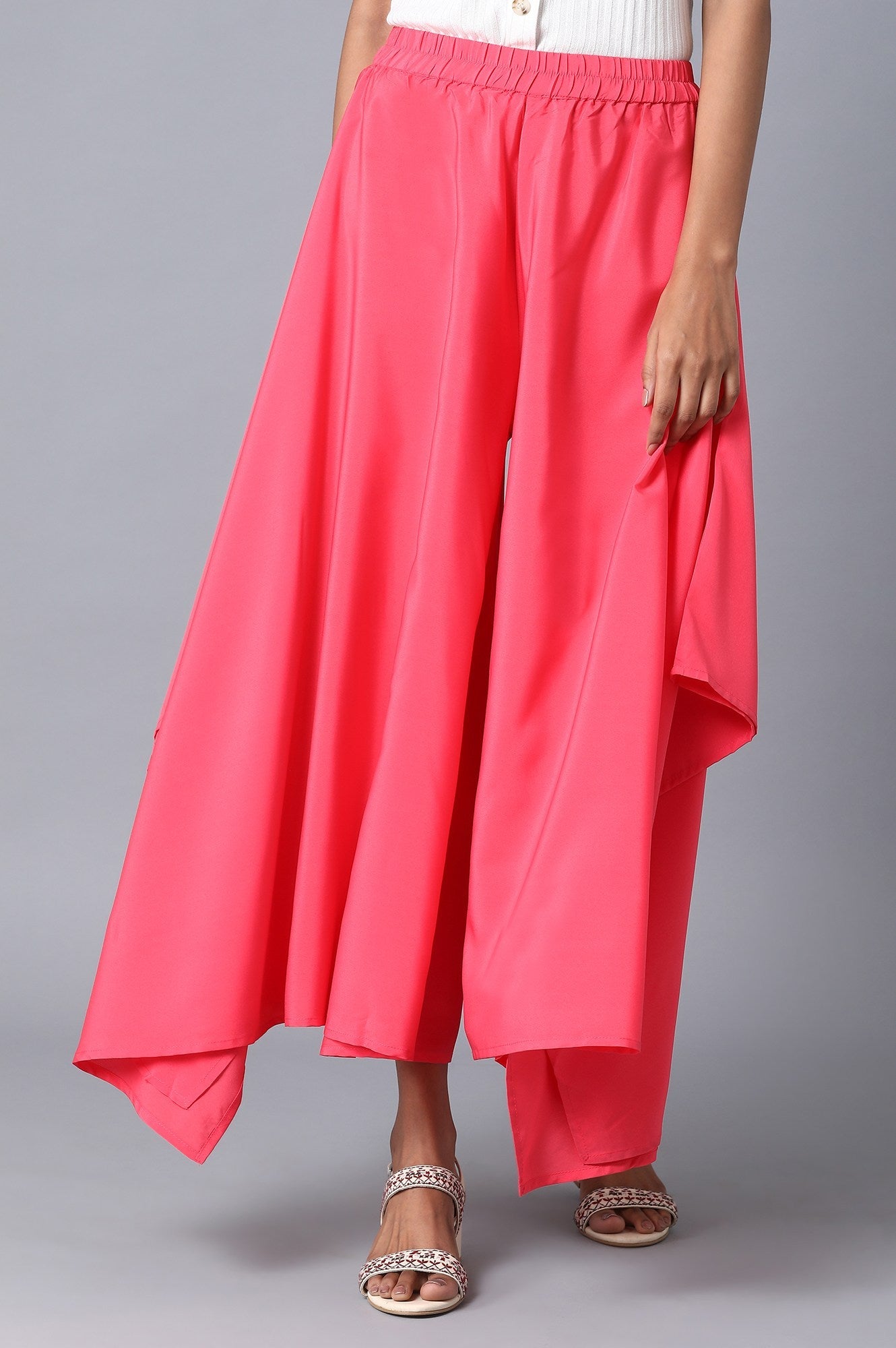 Pink Solid Flared Woven Palazzo With Elasticated Waistband