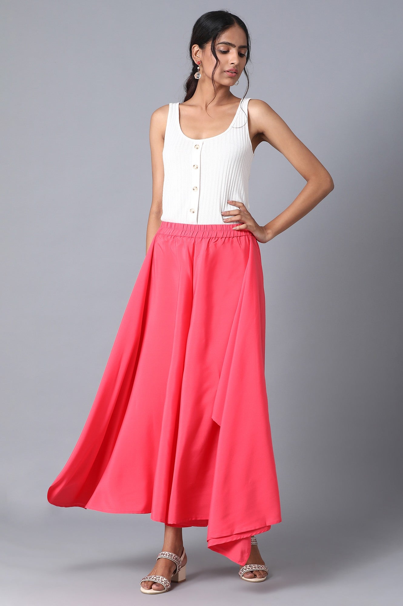 Pink Solid Flared Woven Palazzo With Elasticated Waistband