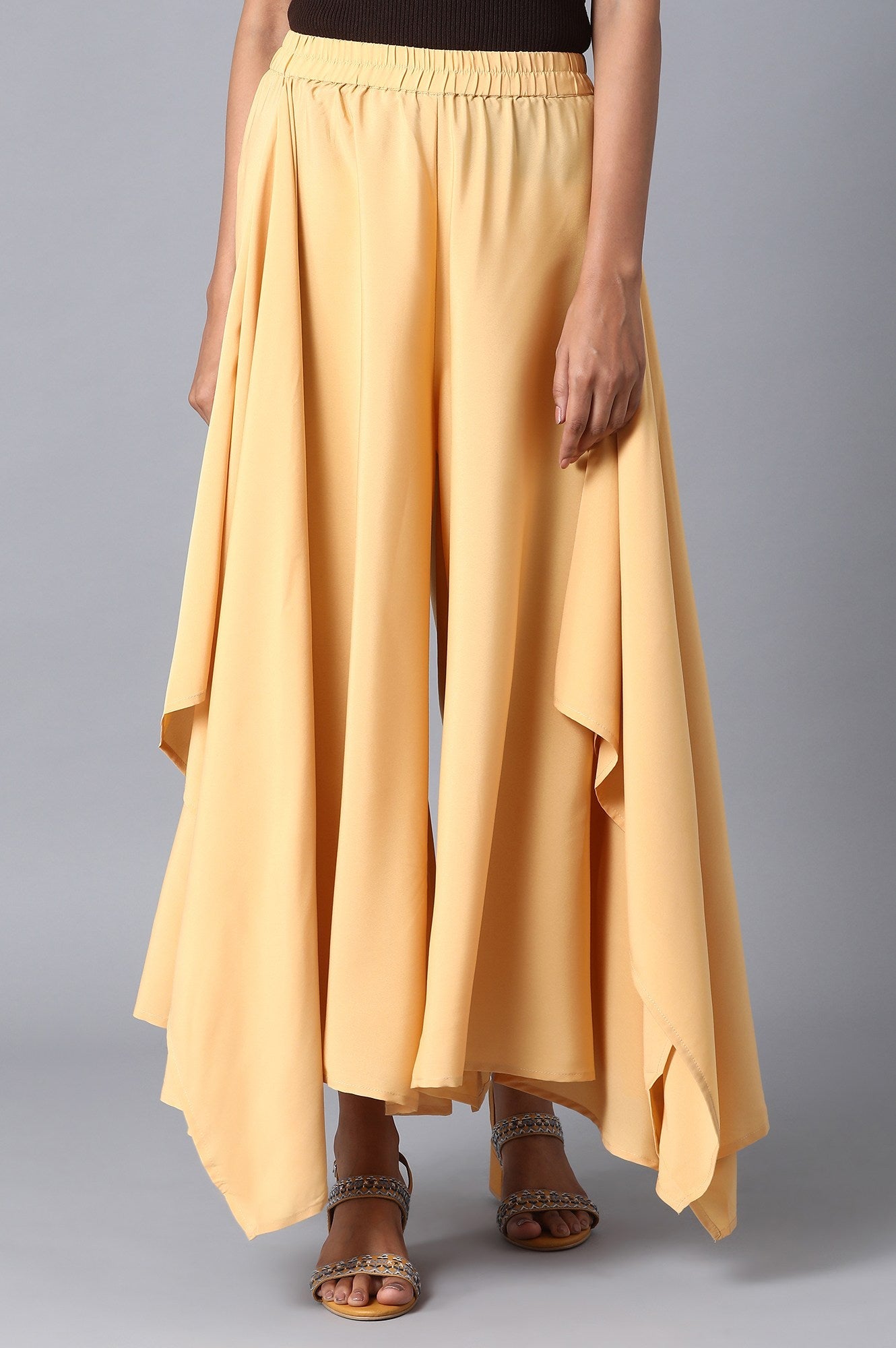 Gold Solid Flared Woven Palazzo With Elasticated Waist