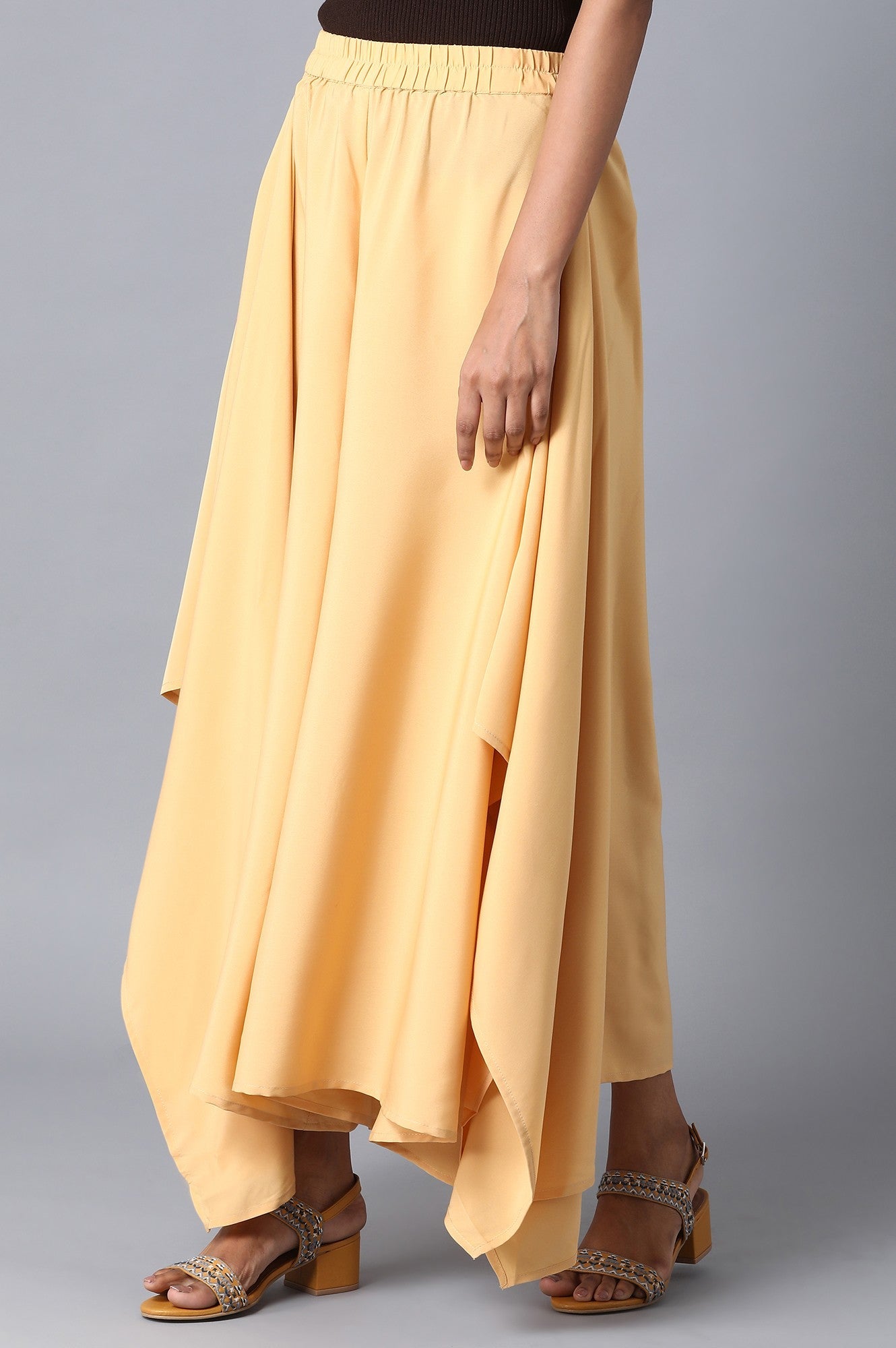 Gold Solid Flared Woven Palazzo With Elasticated Waist