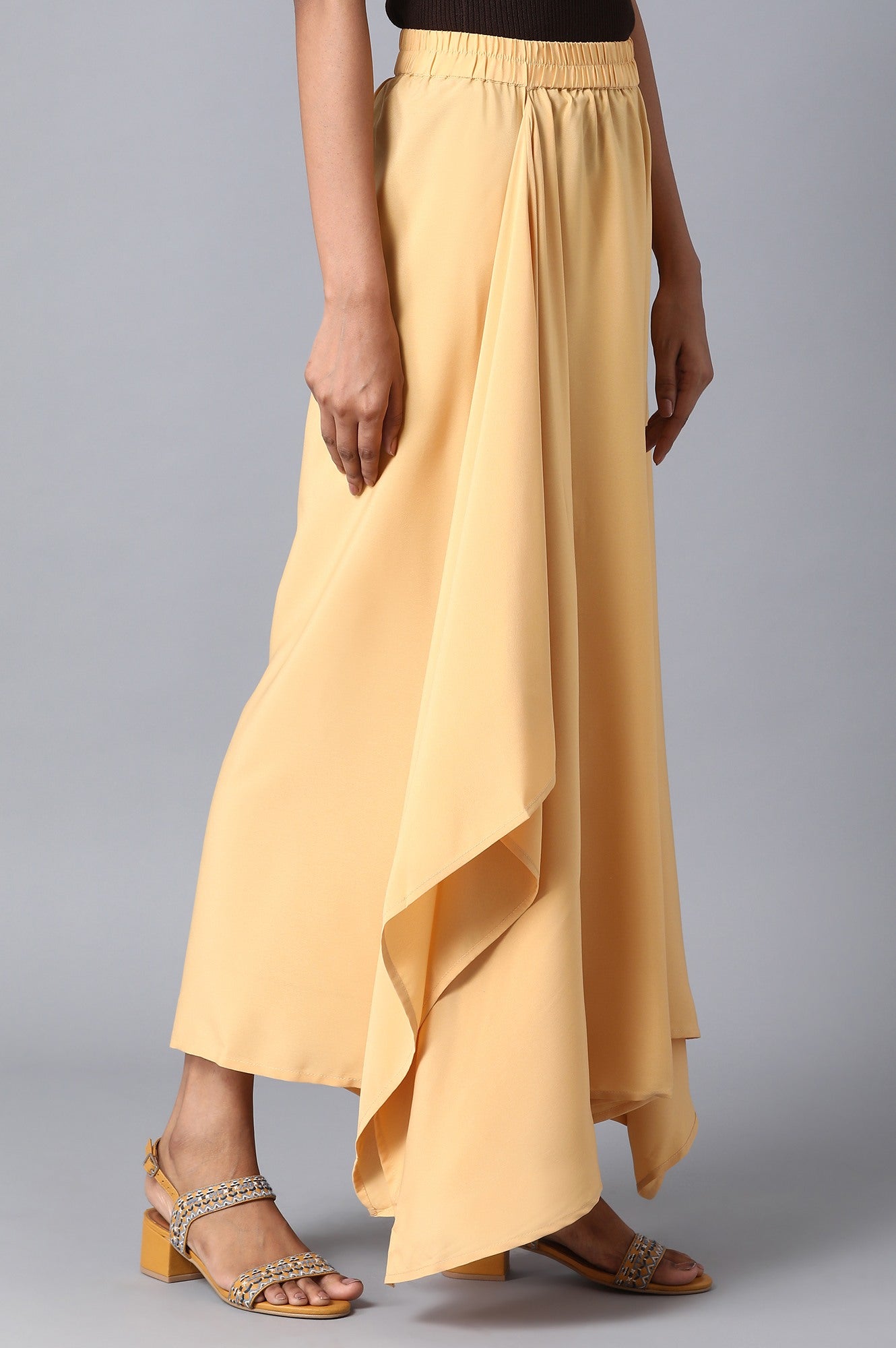 Gold Solid Flared Woven Palazzo With Elasticated Waist