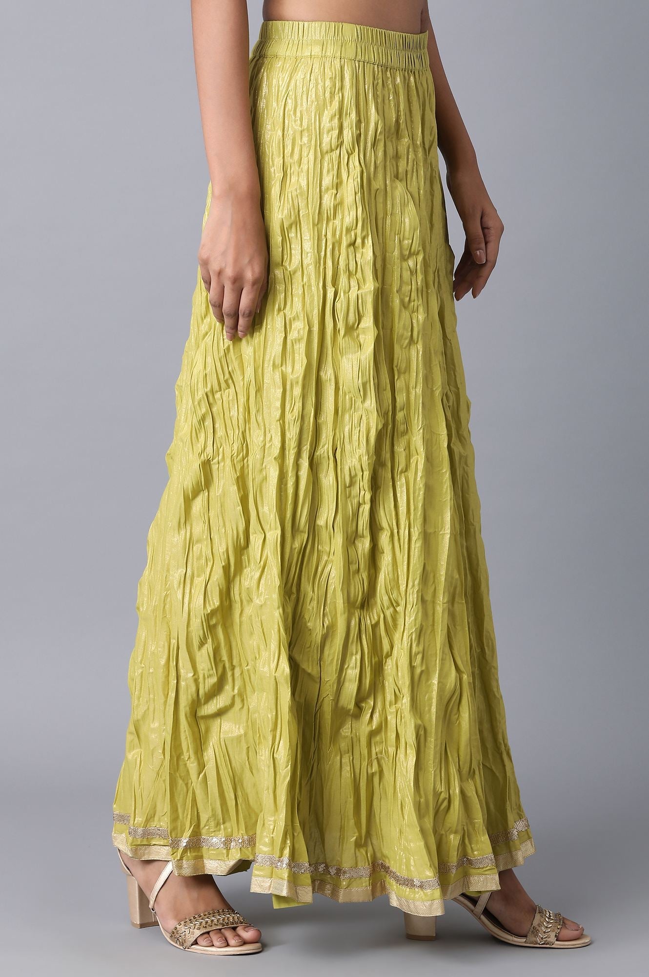 Mehendi Green Floral Printed Flared Cotton Skirt with Elasticated Waist