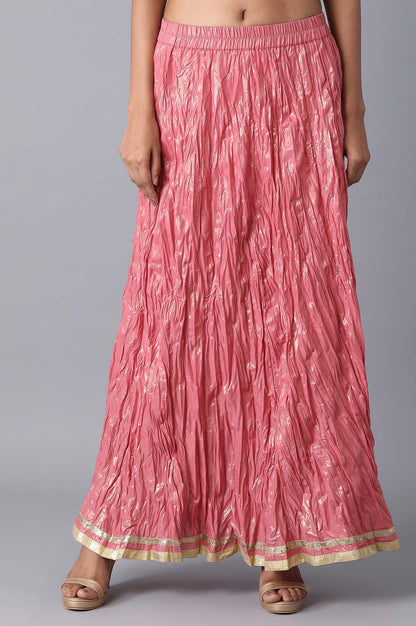 Pink Floral Printed Flared Cotton Skirt With Elasticated Waist