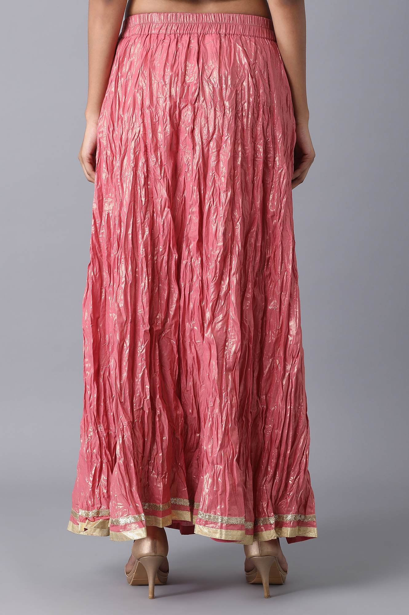 Pink Floral Printed Flared Cotton Skirt With Elasticated Waist