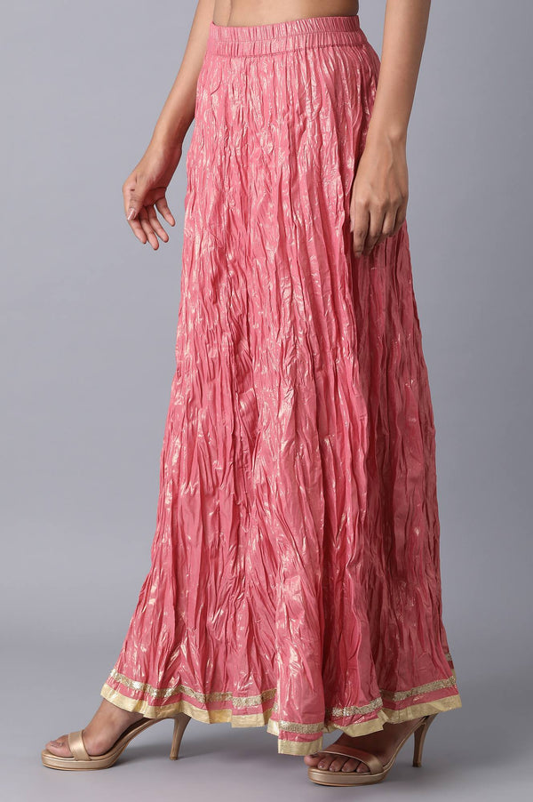 Pink Floral Printed Flared Cotton Skirt With Elasticated Waist