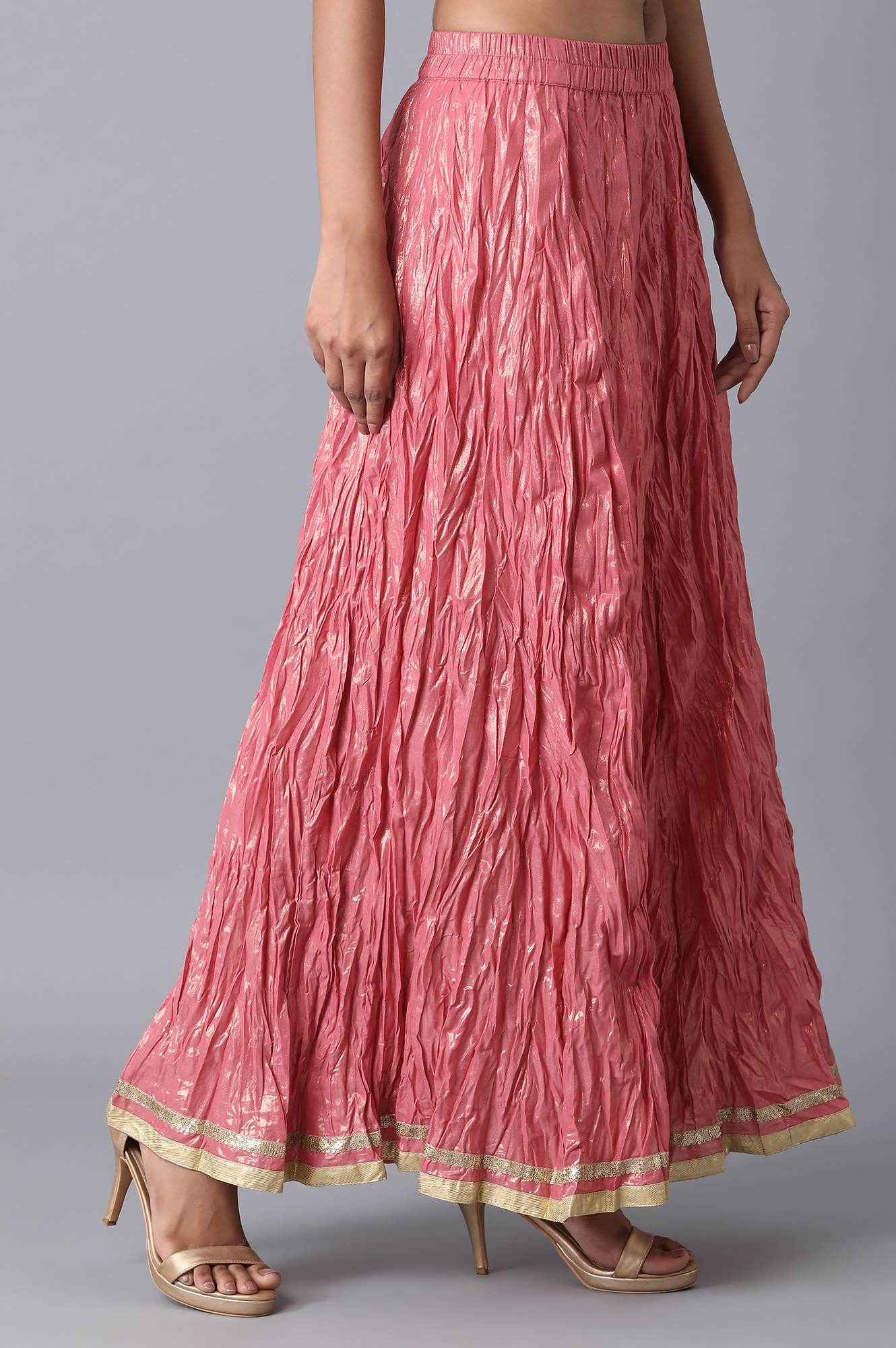 Pink Floral Printed Flared Cotton Skirt With Elasticated Waist