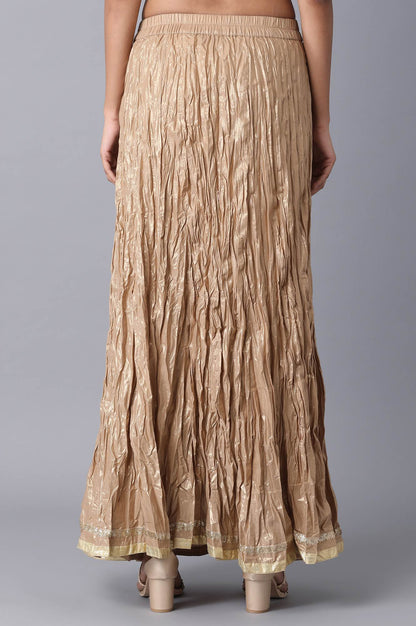 Gold Crinkled Flared Cotton Skirt With Elasticated Waist