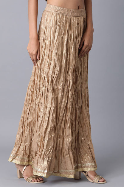 Gold Crinkled Flared Cotton Skirt With Elasticated Waist