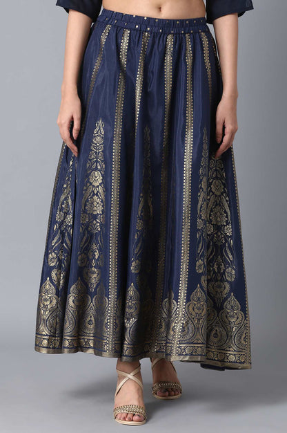 Navy Blue Printed Flared Woven Skirt With Elasticated Waist