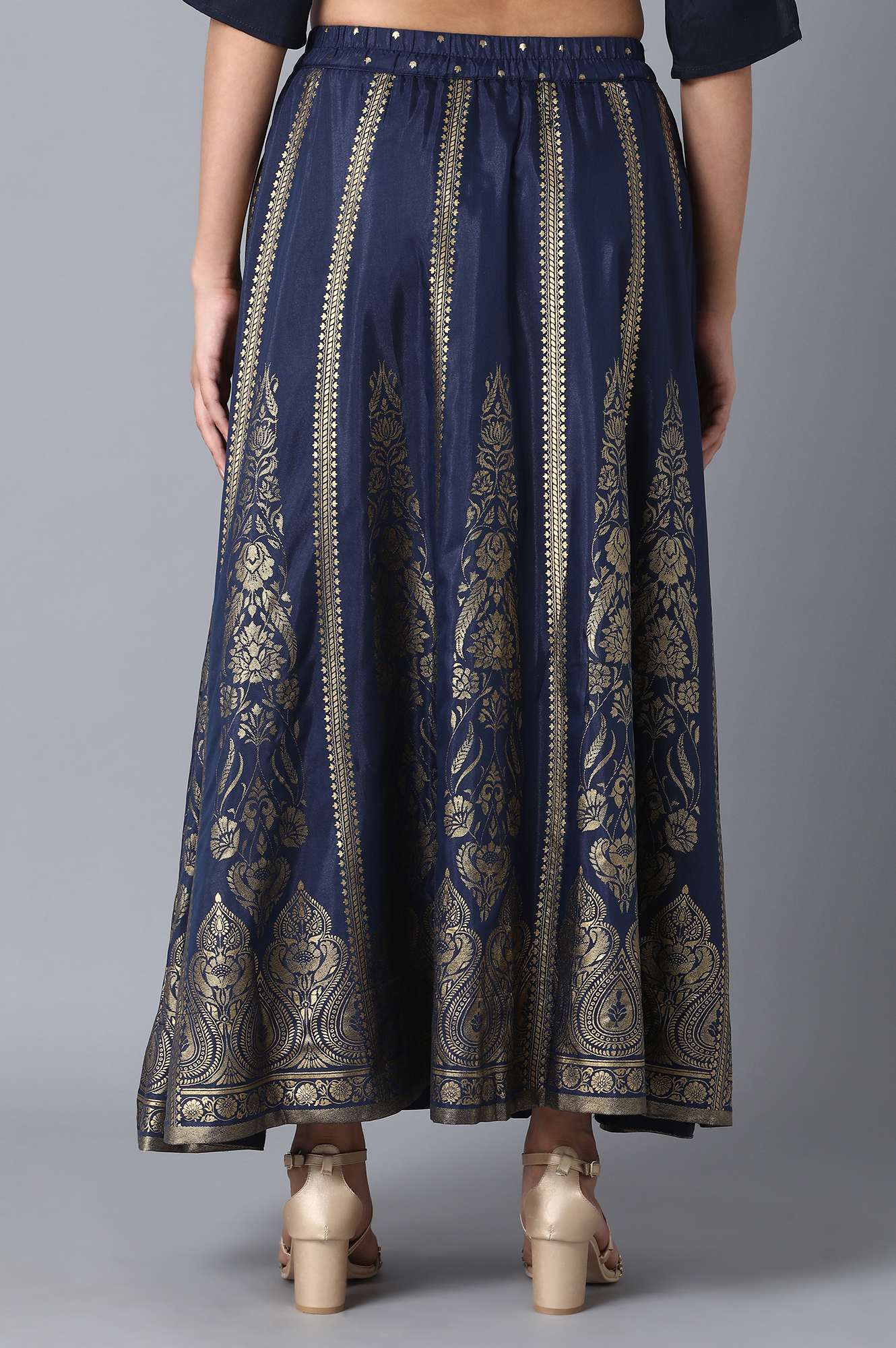 Navy Blue Printed Flared Woven Skirt With Elasticated Waist