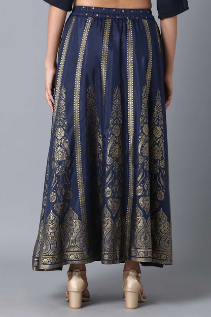 Navy Blue Printed Flared Woven Skirt With Elasticated Waist