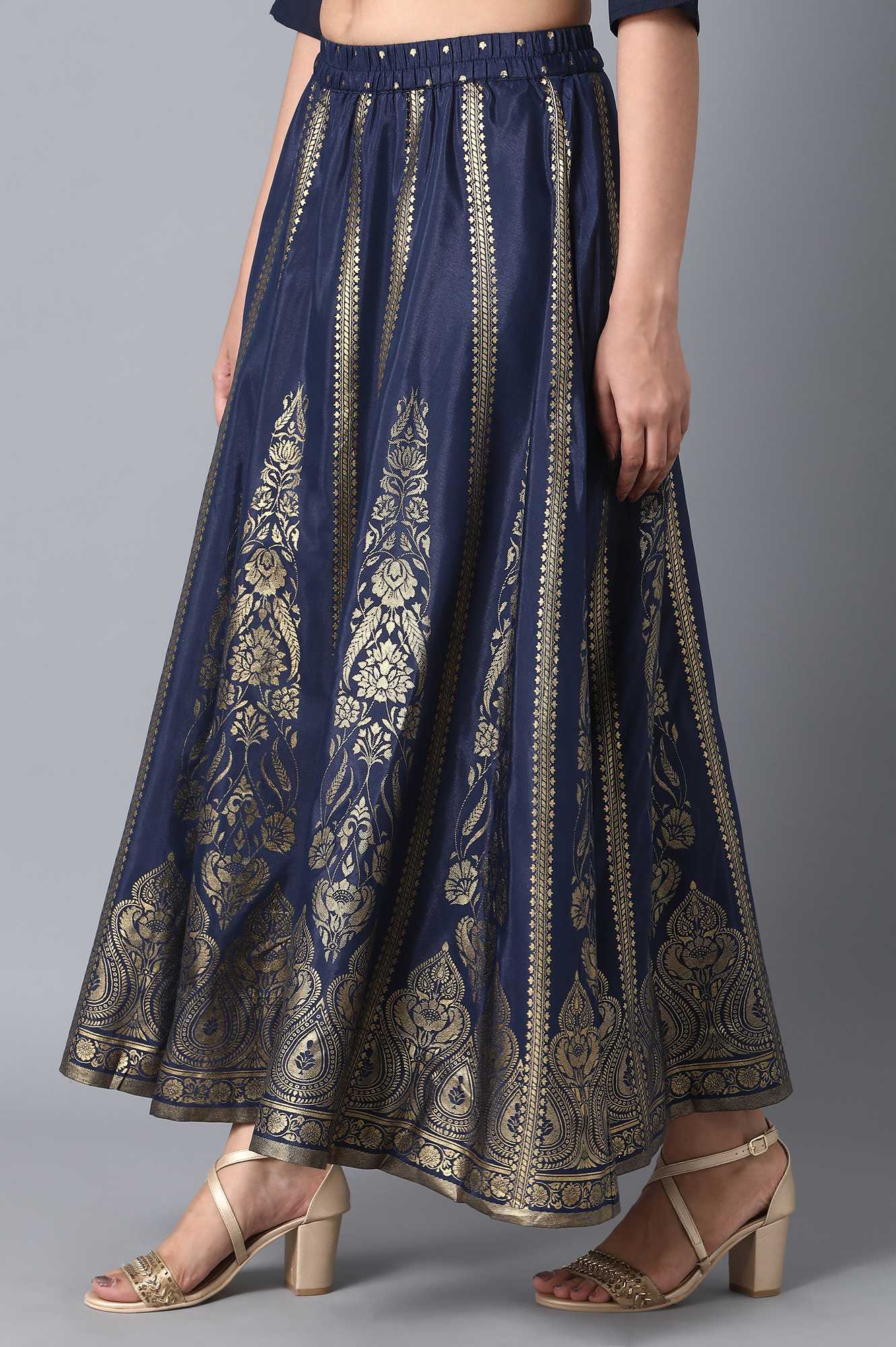 Navy Blue Printed Flared Woven Skirt With Elasticated Waist