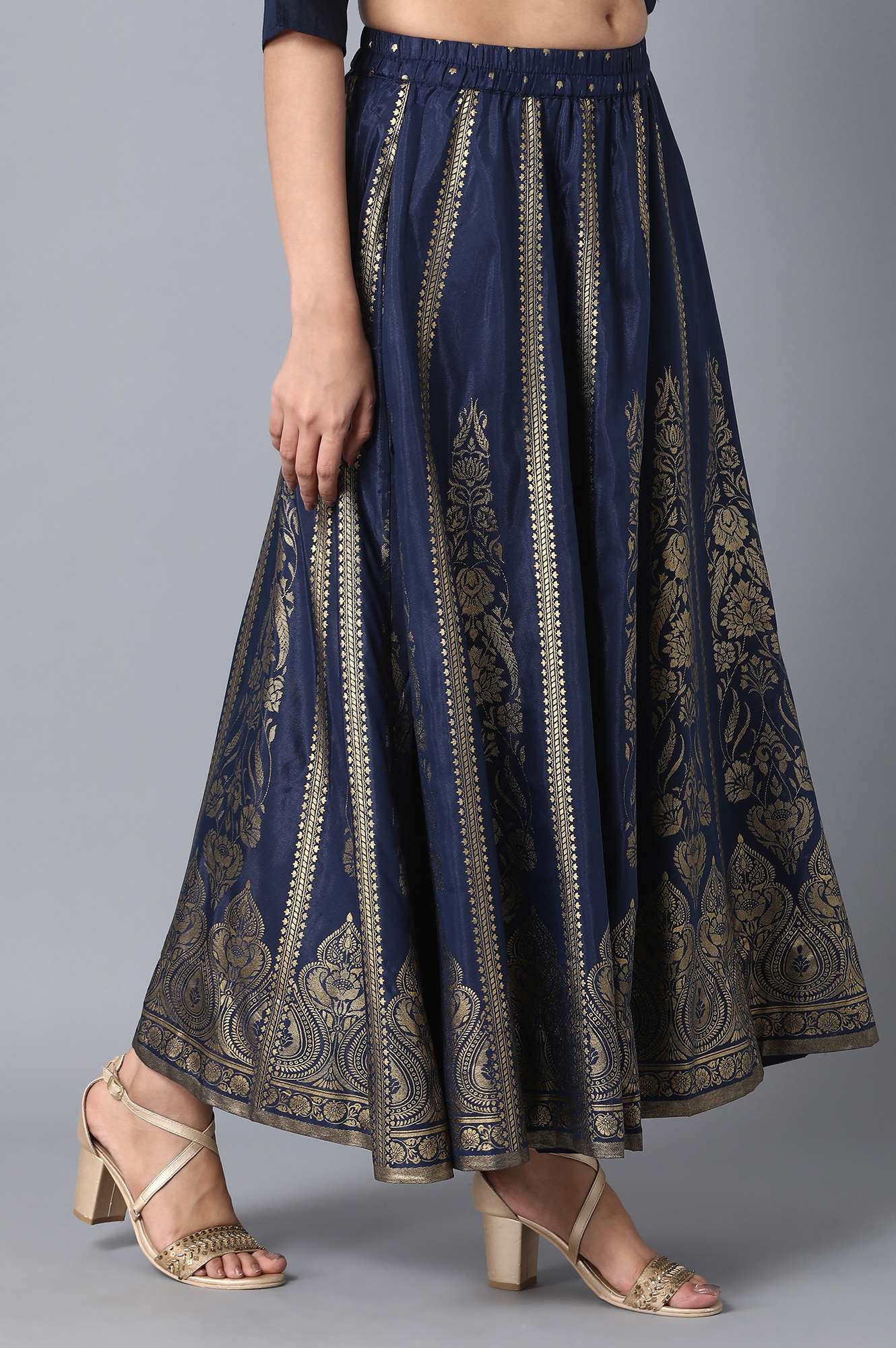 Navy Blue Printed Flared Woven Skirt With Elasticated Waist