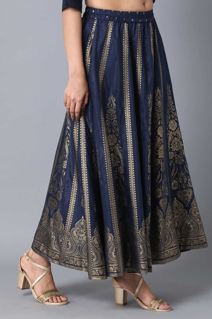 Navy Blue Printed Flared Woven Skirt With Elasticated Waist