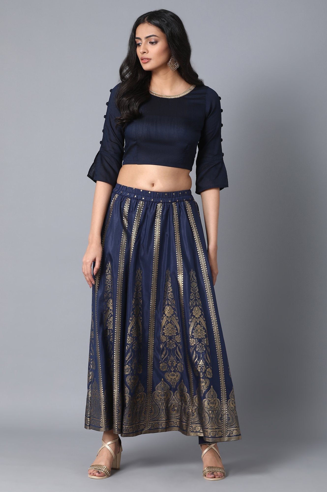 Navy Blue Printed Flared Woven Skirt With Elasticated Waist