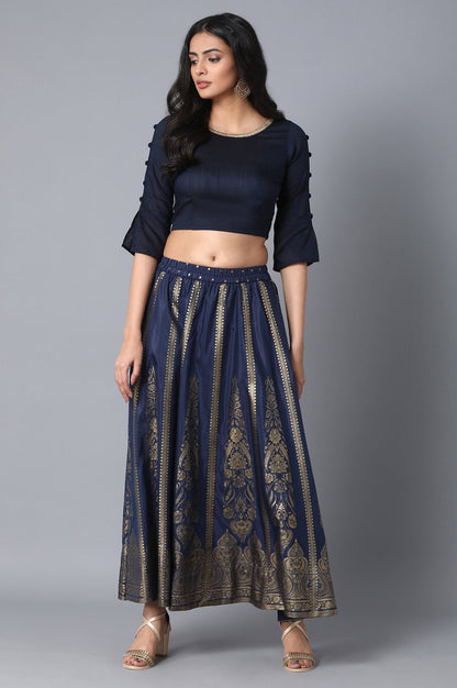Navy Blue Printed Flared Woven Skirt With Elasticated Waist