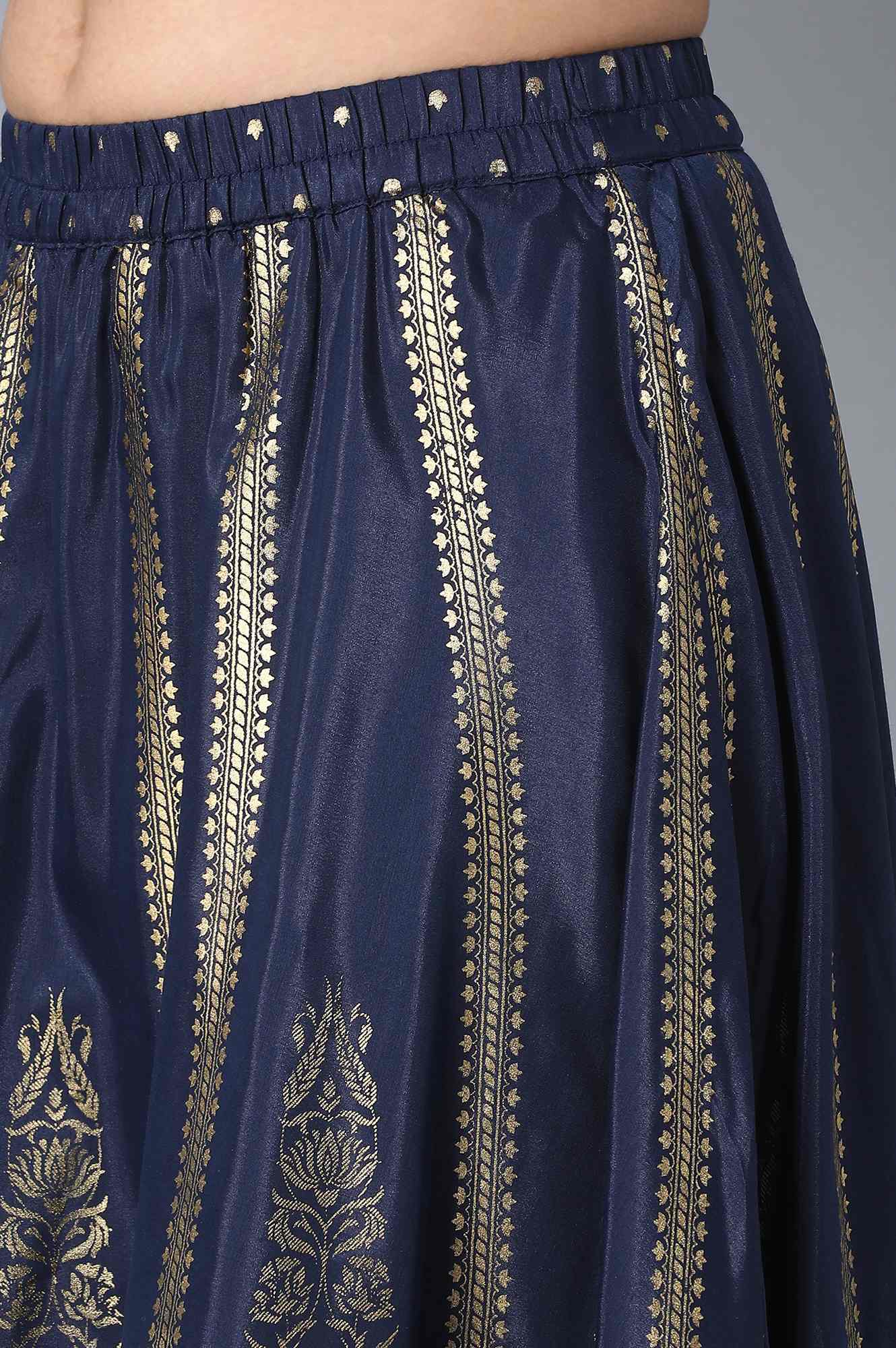 Navy Blue Printed Flared Woven Skirt With Elasticated Waist