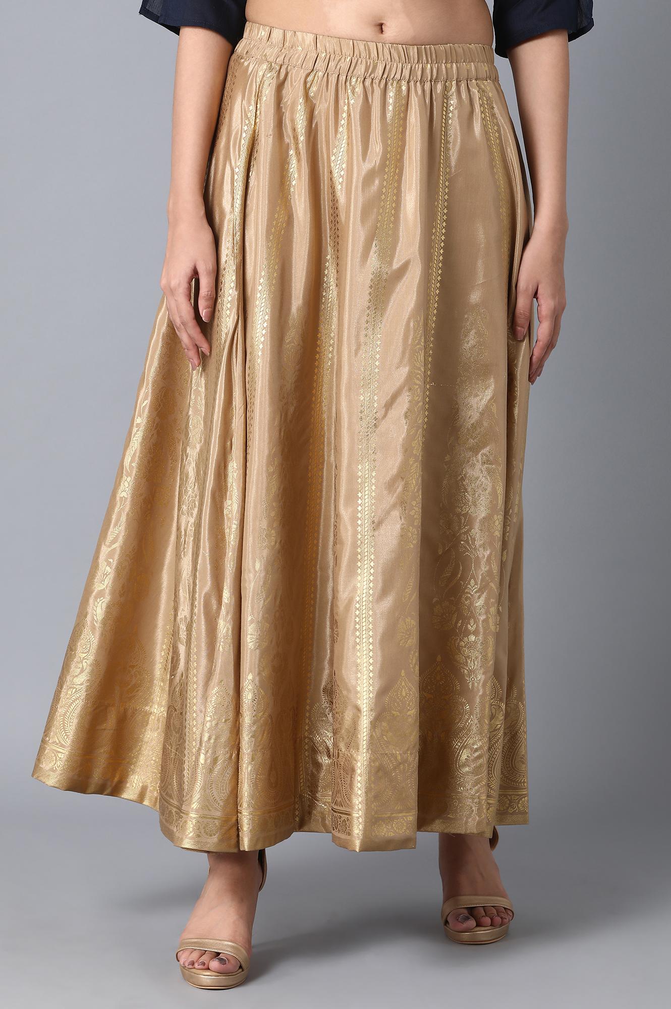 Gold Printed Flared Silk Skirt With Elasticated Waist