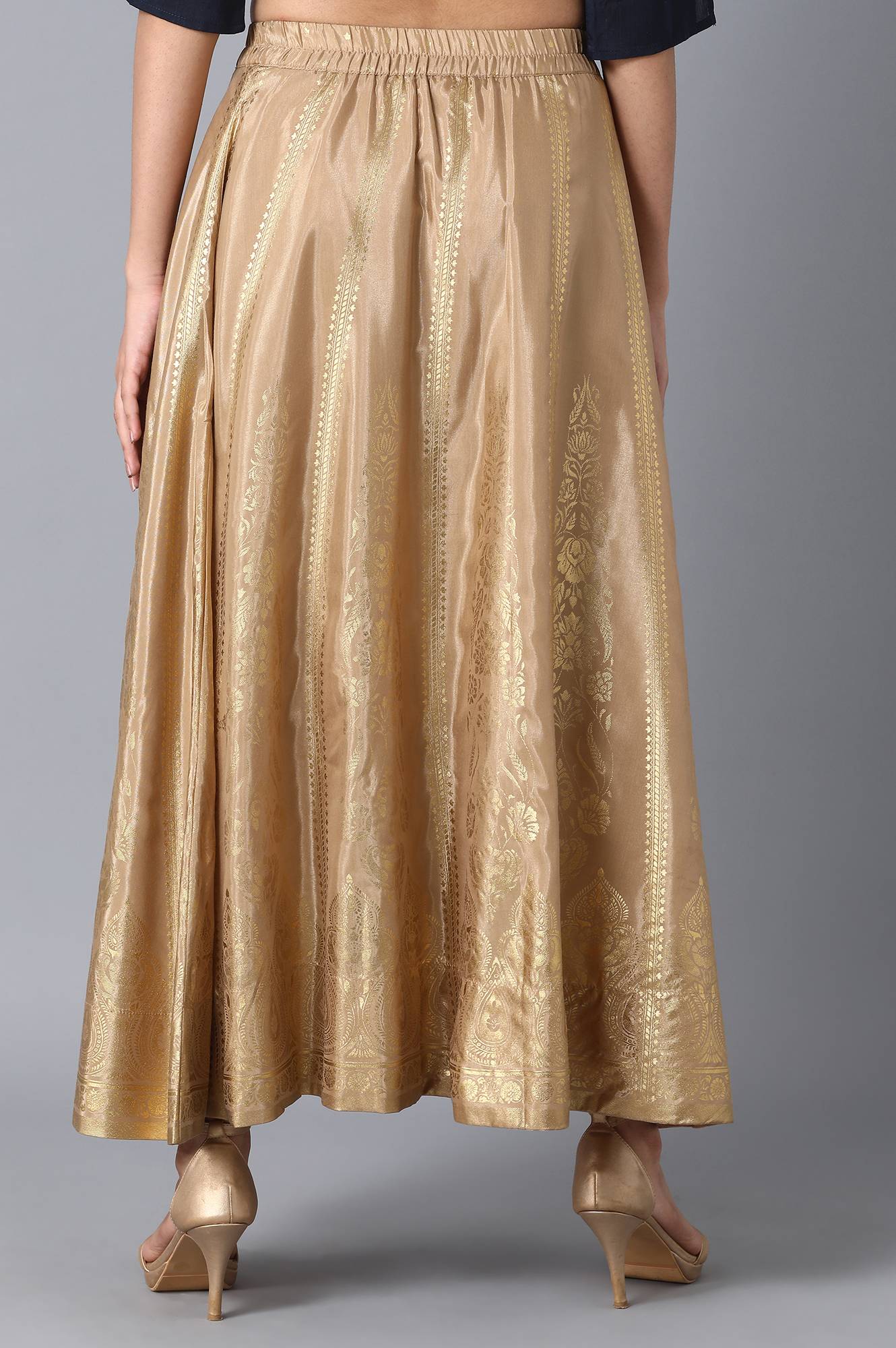 Gold Printed Flared Silk Skirt With Elasticated Waist