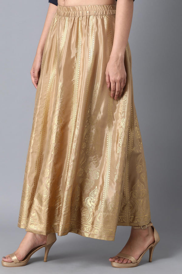 Elleven Women's Gold Printed Flared Silk Skirt With Elasticated Waist