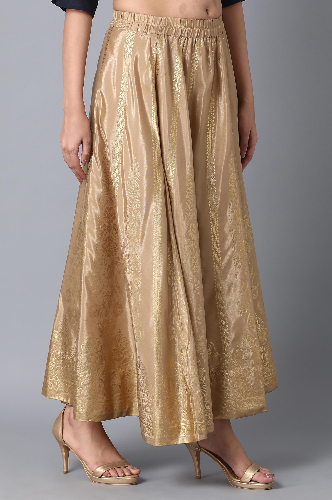 Gold Printed Flared Silk Skirt With Elasticated Waist
