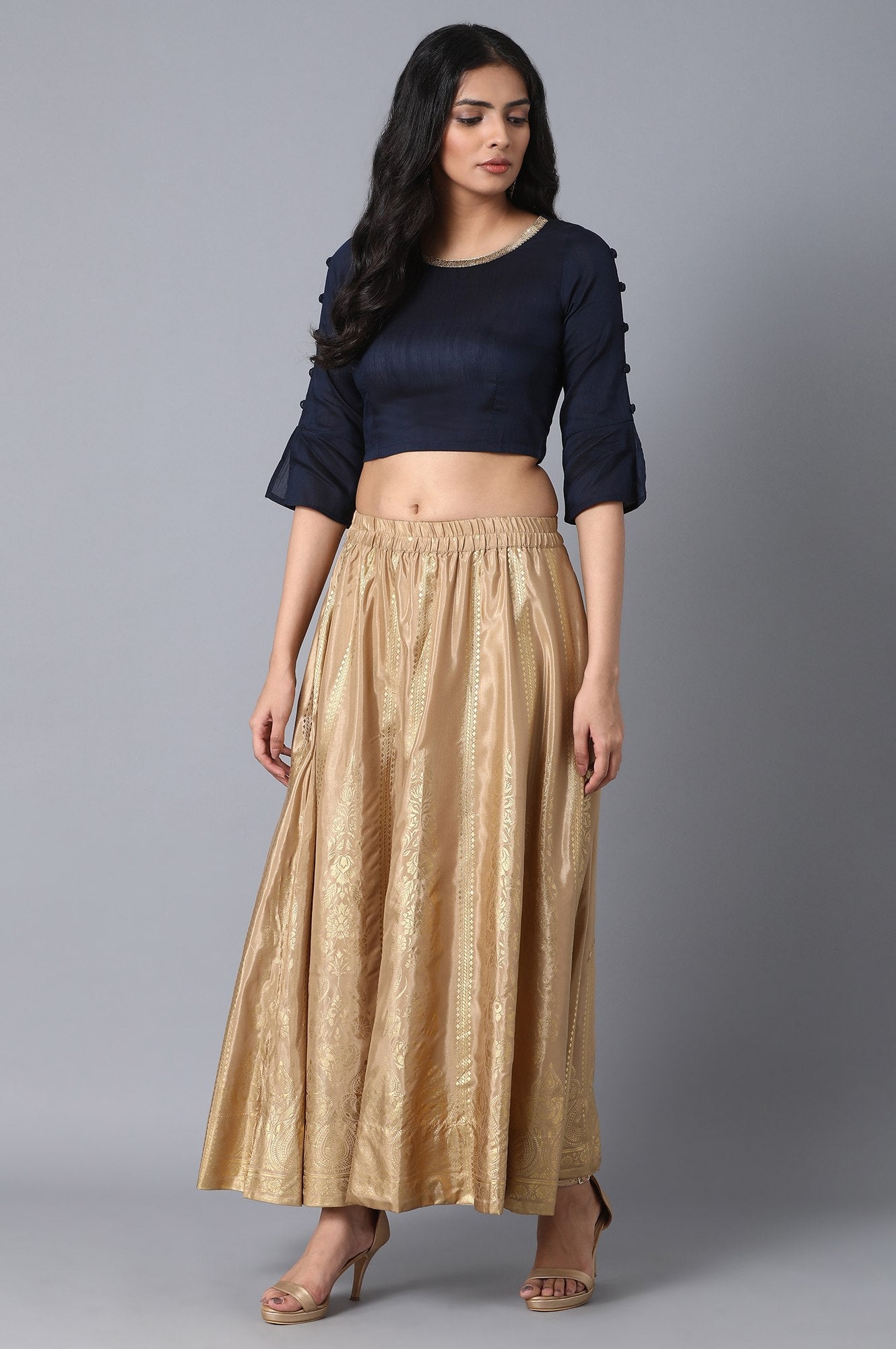 Gold Printed Flared Silk Skirt With Elasticated Waist