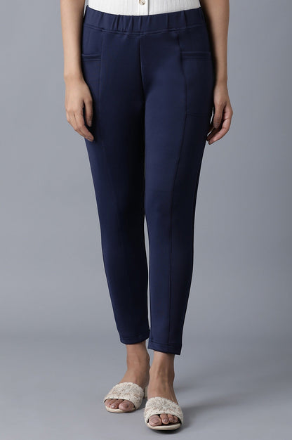 Navy Blue Solid Skinny Fit Tights With Elasticated Waistband