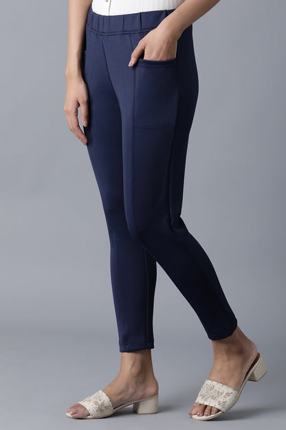 Navy Blue Solid Skinny Fit Tights With Elasticated Waistband