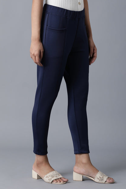 Navy Blue Solid Skinny Fit Tights With Elasticated Waistband