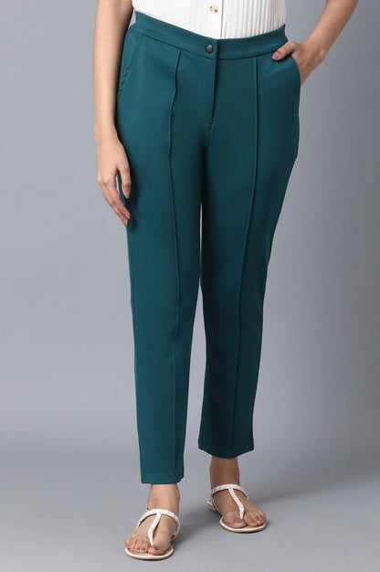 Green Solid Straight Fit Pants With Front Zip