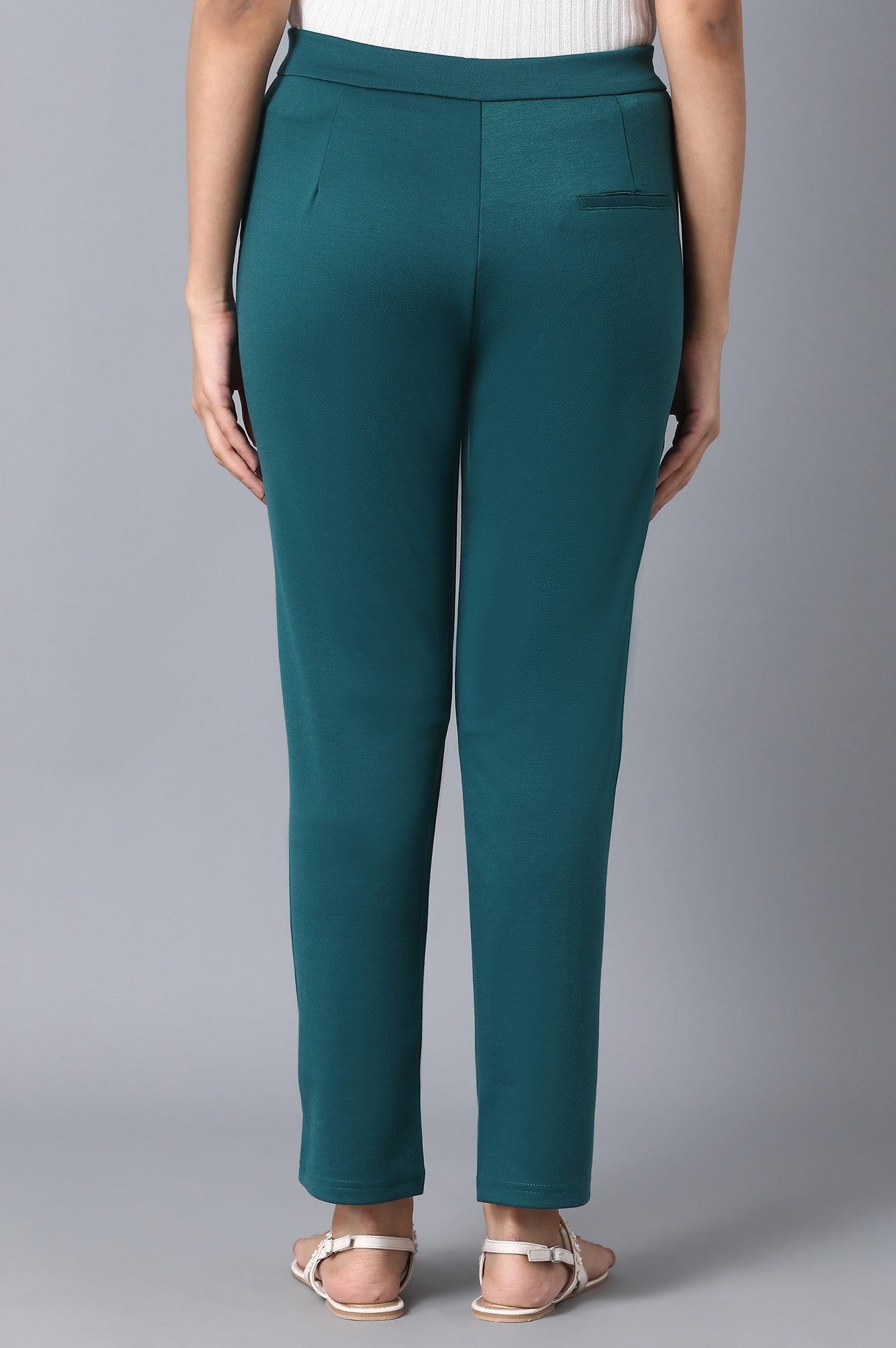 Green Solid Straight Fit Pants With Front Zip