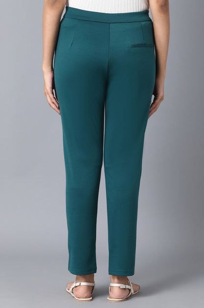 Green Solid Straight Fit Pants With Front Zip