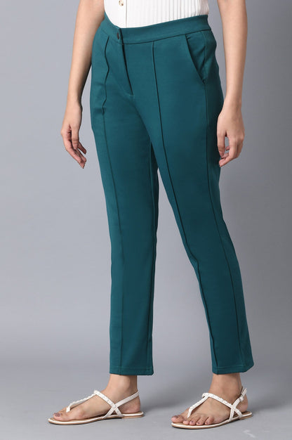 Green Solid Straight Fit Pants With Front Zip
