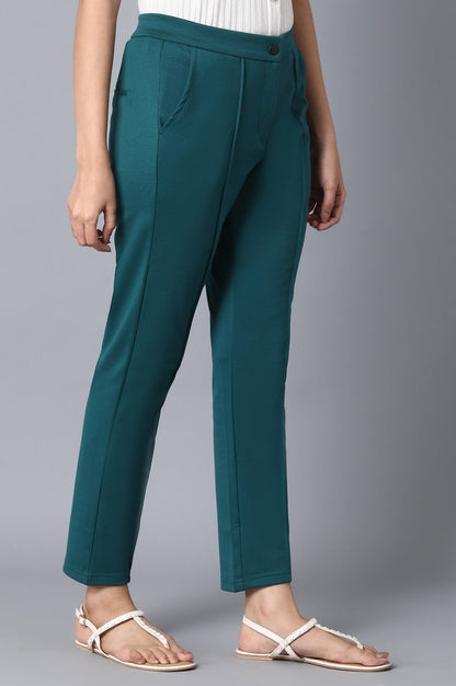 Green Solid Straight Fit Pants With Front Zip