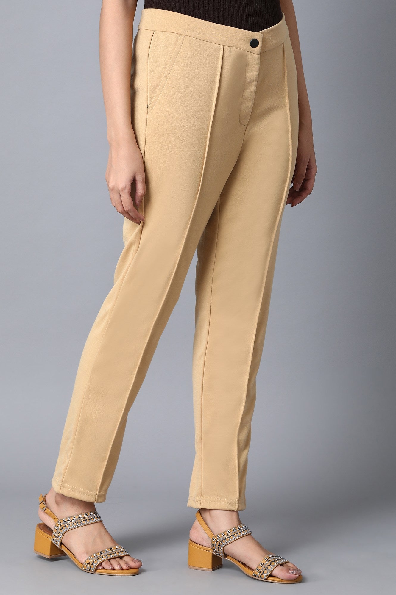 Gold Solid Straight Fit Trousers With Front Zip Closure