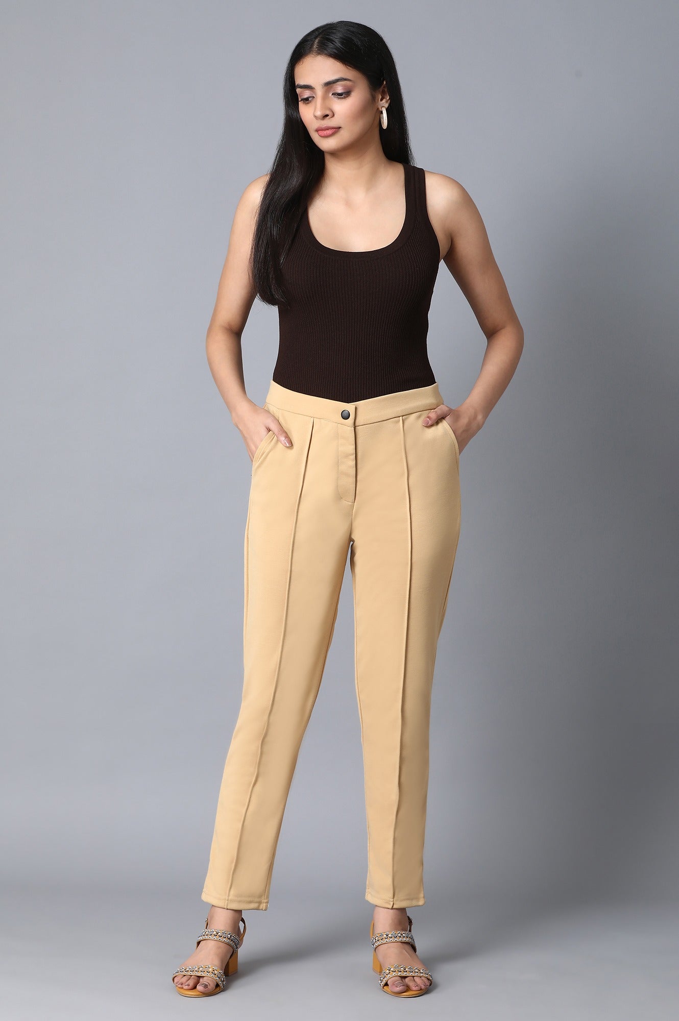 Gold Solid Straight Fit Trousers With Front Zip Closure