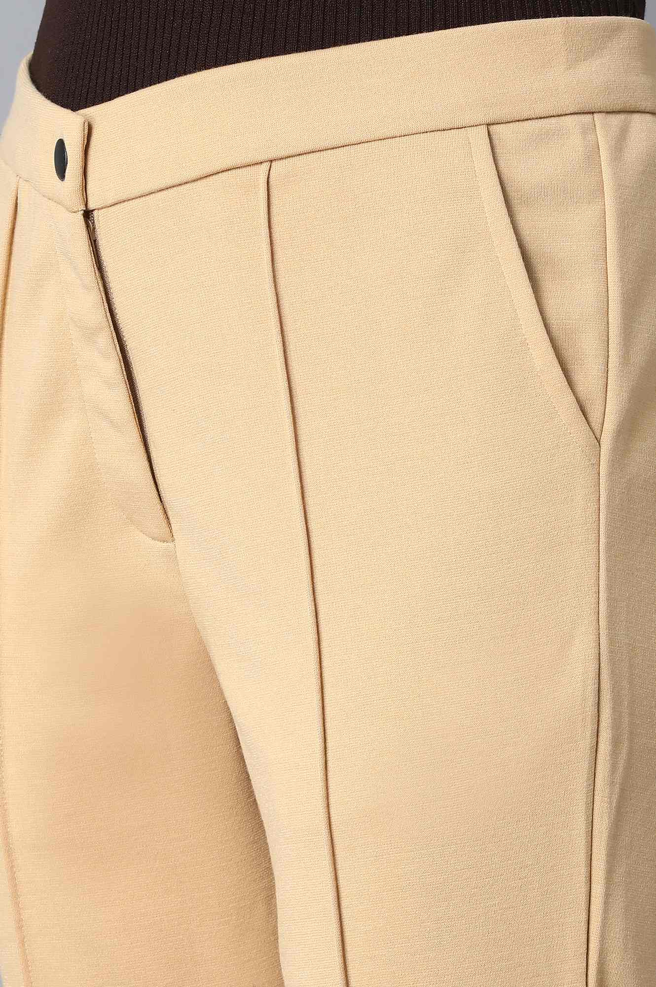 Gold Solid Straight Fit Trousers With Front Zip Closure