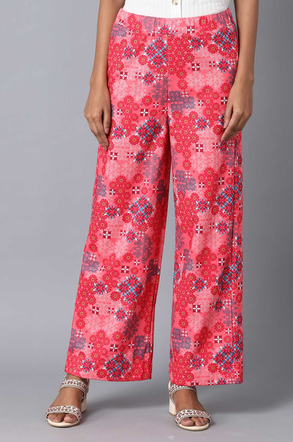 Red Geometric Printed Wide-leg Knit Palazzo with Elasticated Waist