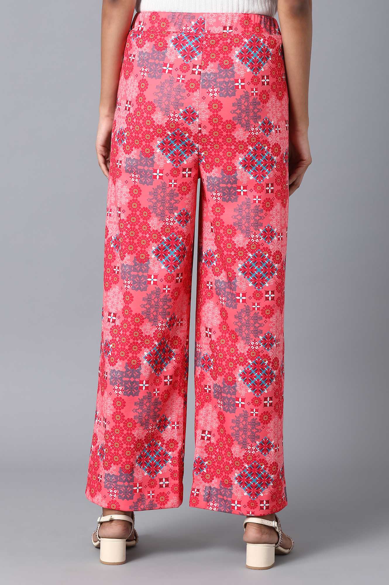 Red Geometric Printed Wide-leg Knit Palazzo with Elasticated Waist