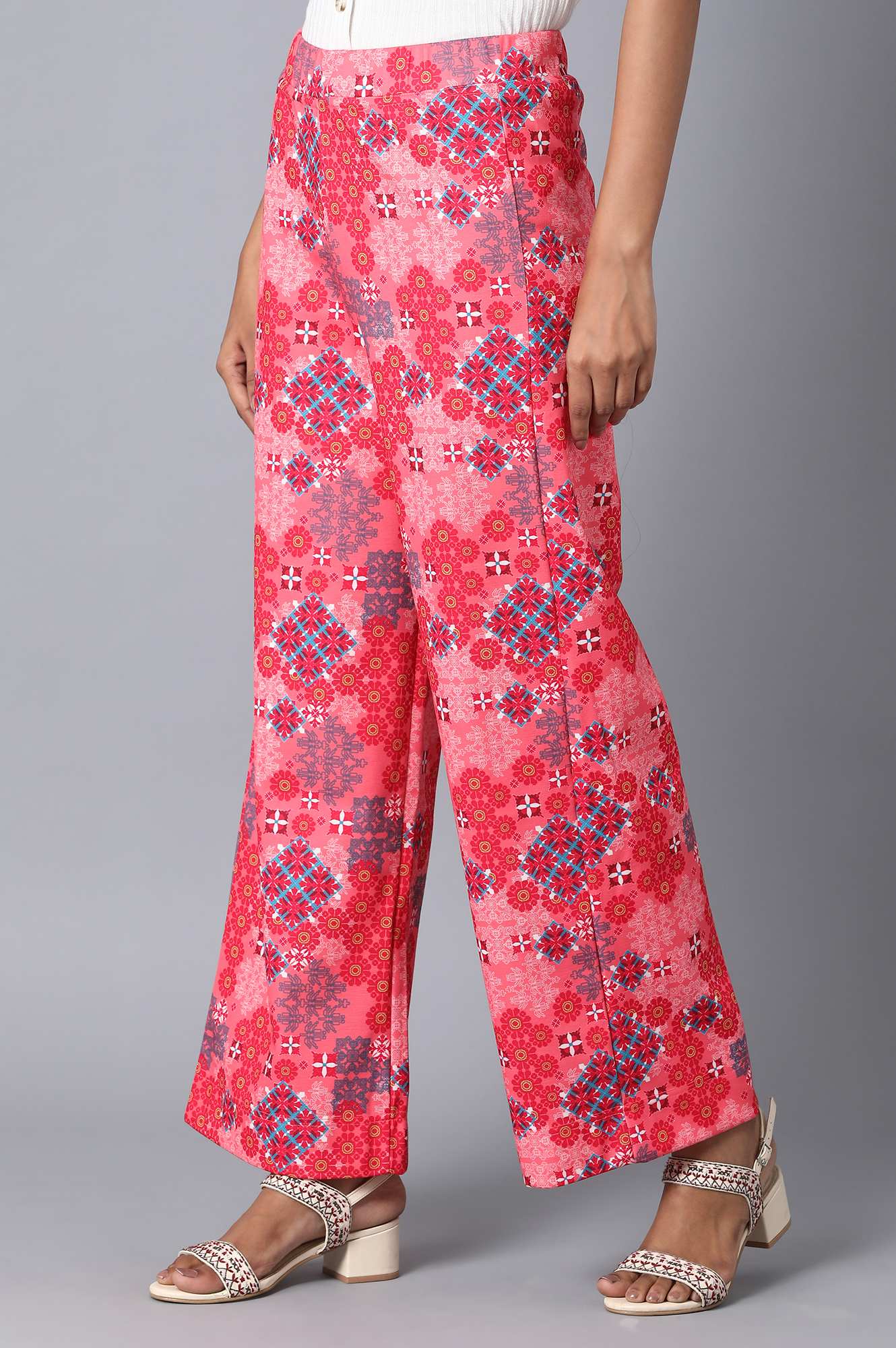 Red Geometric Printed Wide-leg Knit Palazzo with Elasticated Waist