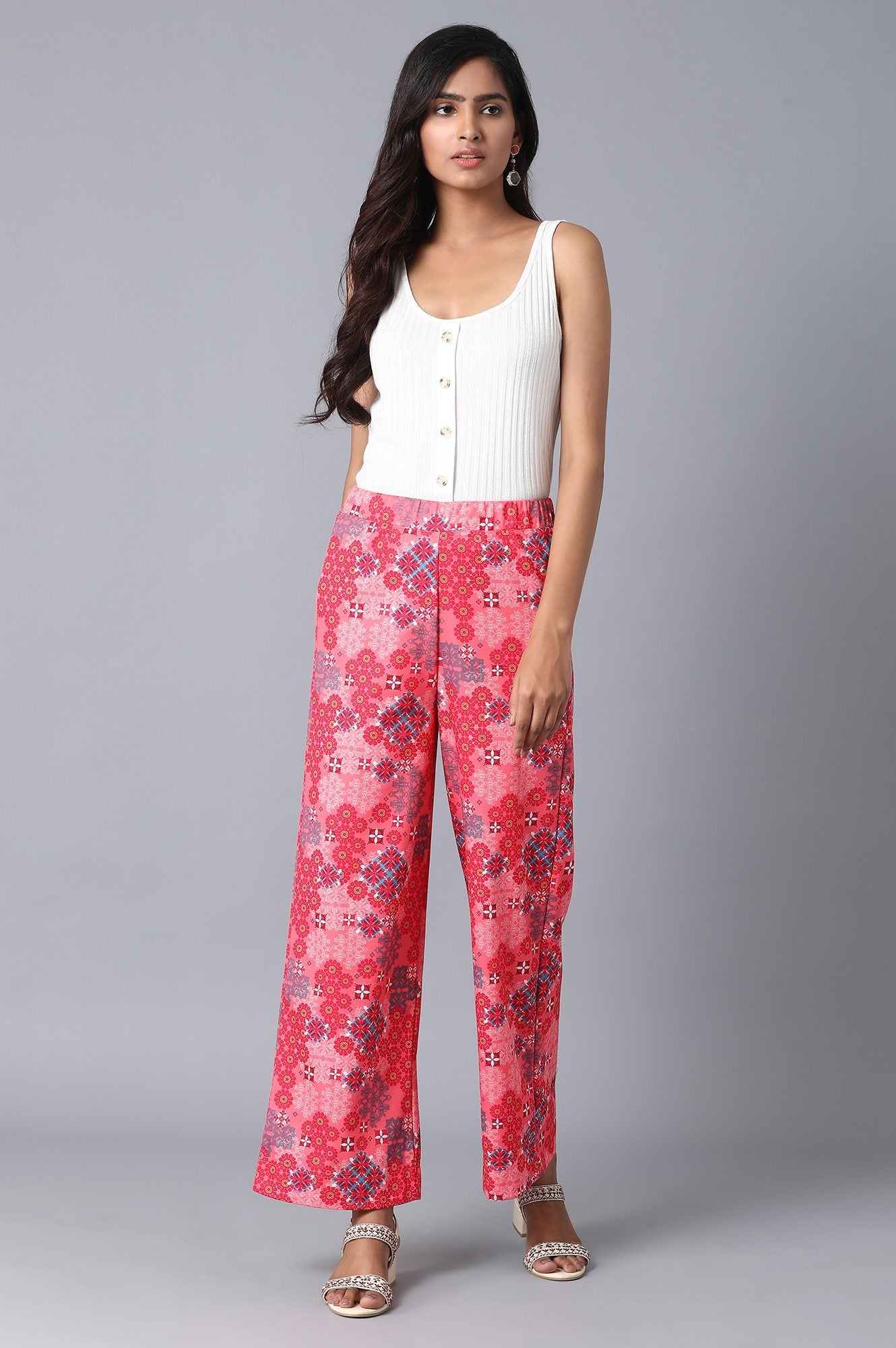 Red Geometric Printed Wide-leg Knit Palazzo with Elasticated Waist