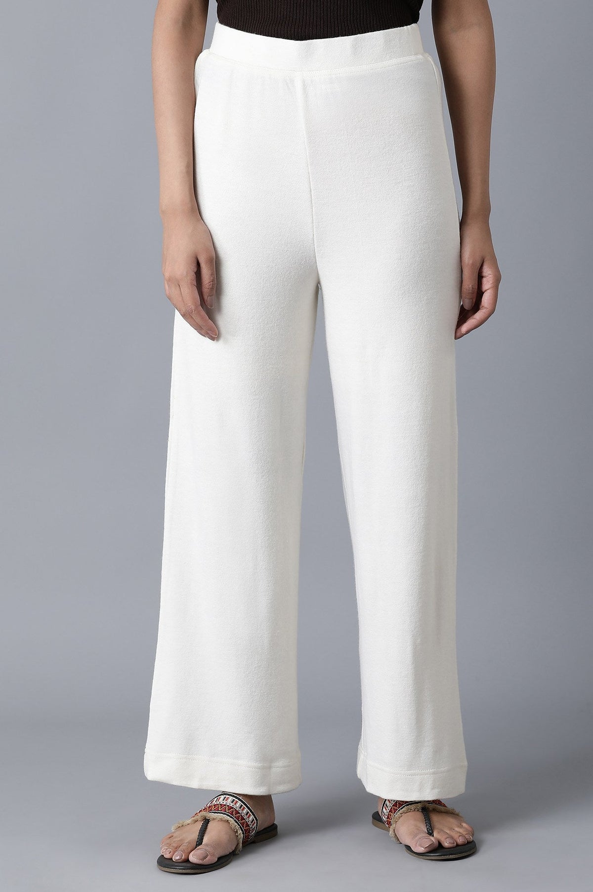 Elleven Women's White Solid Straight Fit Palazzo With Elasticated Waistband - M