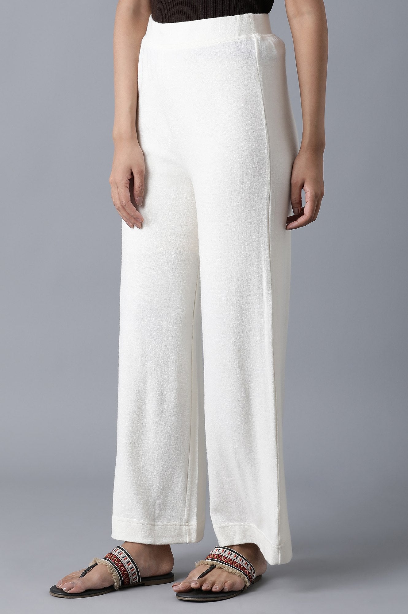 White Solid Straight Fit Palazzo With Elasticated Waistband