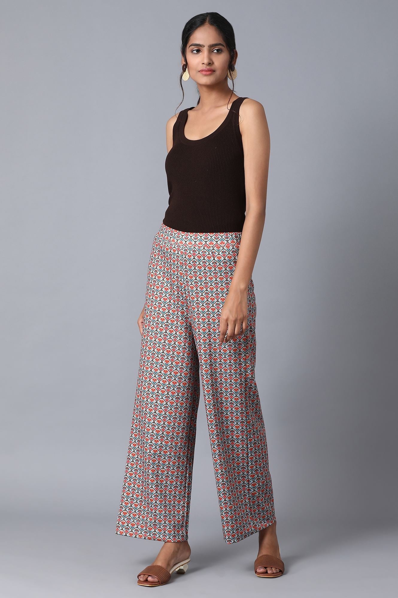 Multicolour Printed Wide-leg Knit Palazzo with Elasticated Waistband