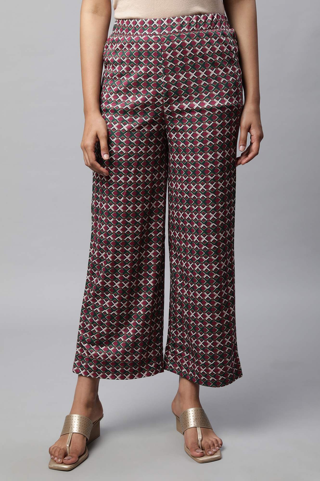 Maroon Geometric Printed Wide-leg Knit Palazzo with Elasticated Waist