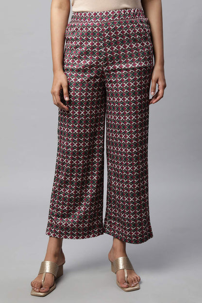 Maroon Geometric Printed Wide-leg Knit Palazzo with Elasticated Waist