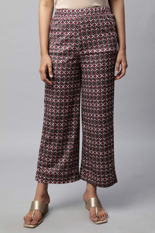 Maroon Geometric Printed Wide-leg Knit Palazzo with Elasticated Waist