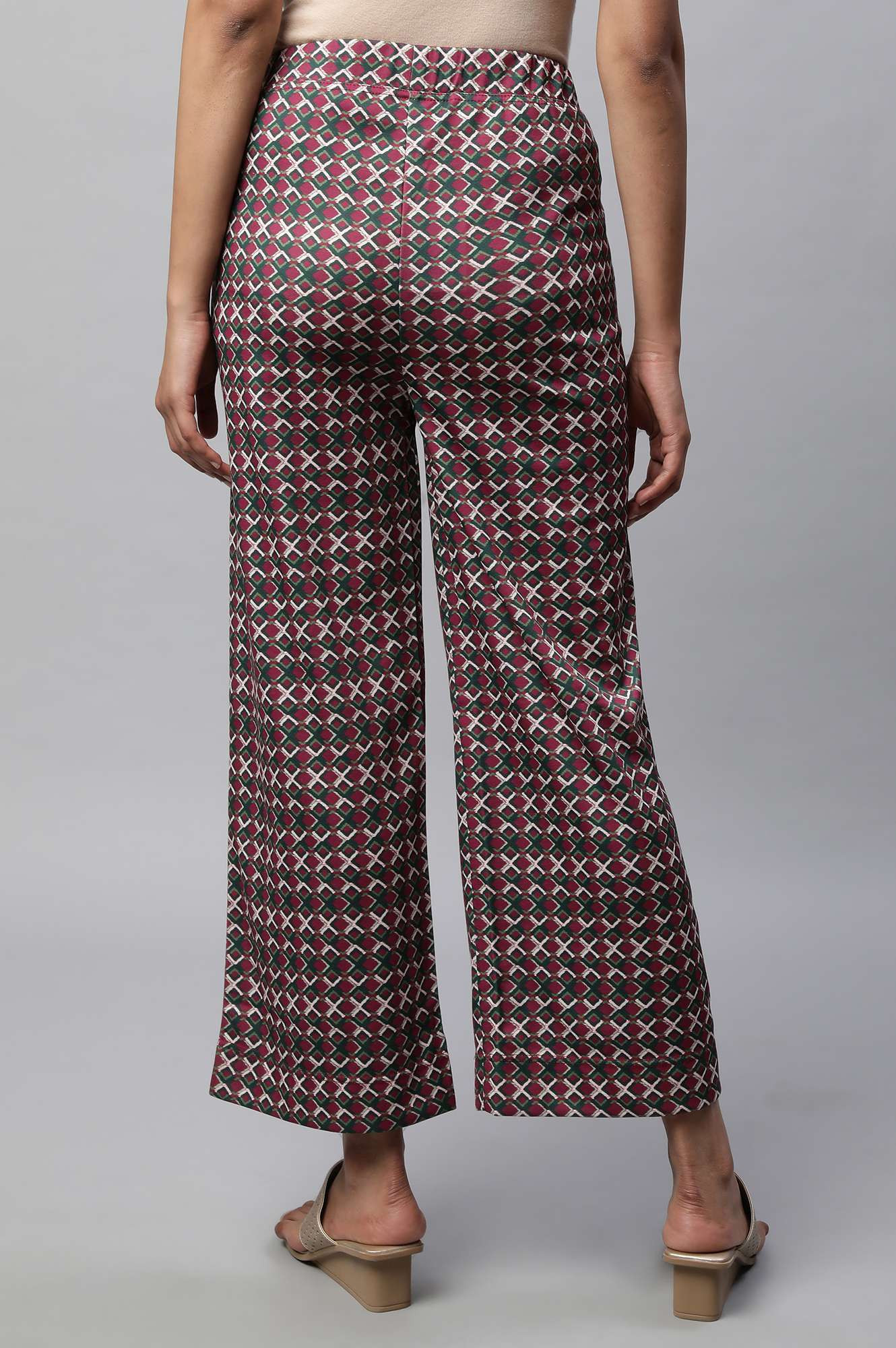 Maroon Geometric Printed Wide-leg Knit Palazzo with Elasticated Waist