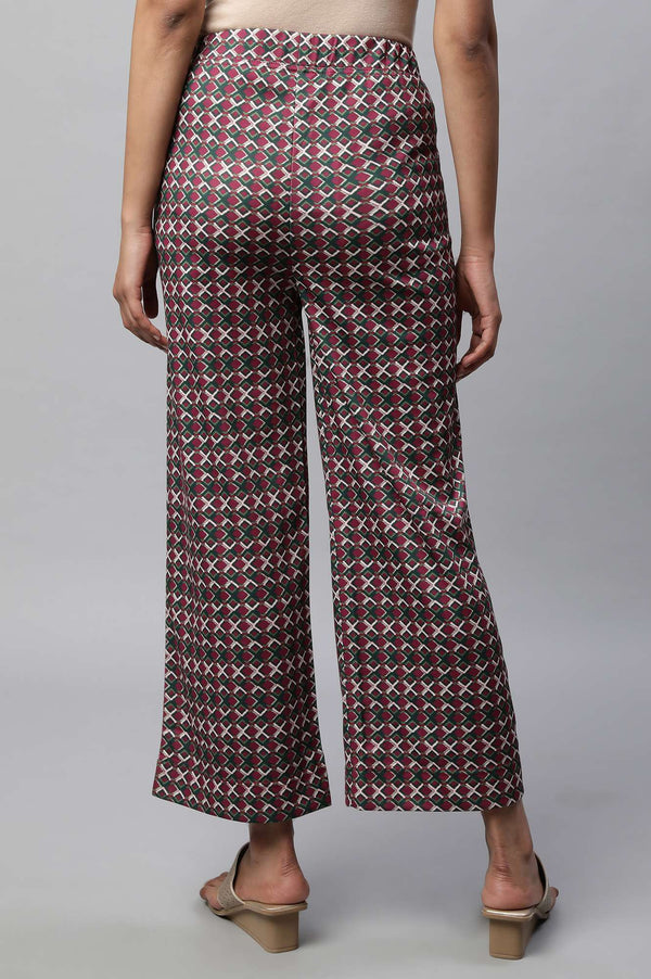 Maroon Geometric Printed Wide-leg Knit Palazzo with Elasticated Waist