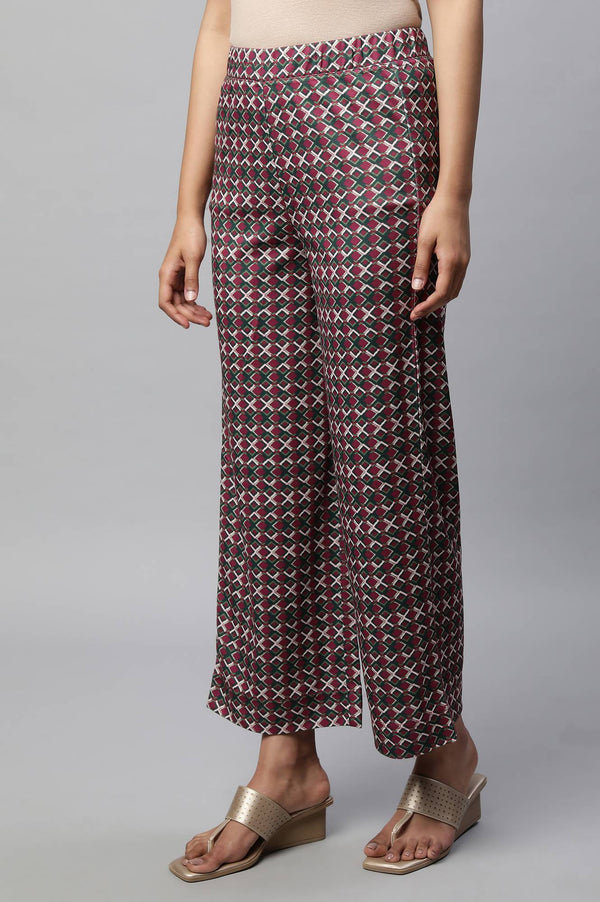 Maroon Geometric Printed Wide-leg Knit Palazzo with Elasticated Waist